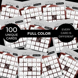 May include: A collection of "Tailgate Party Music Bingo" game cards. Each card features a football design and a grid of squares. The image includes text that reads "100 Unique Cards", "Full Color", and "Every Card is Different".