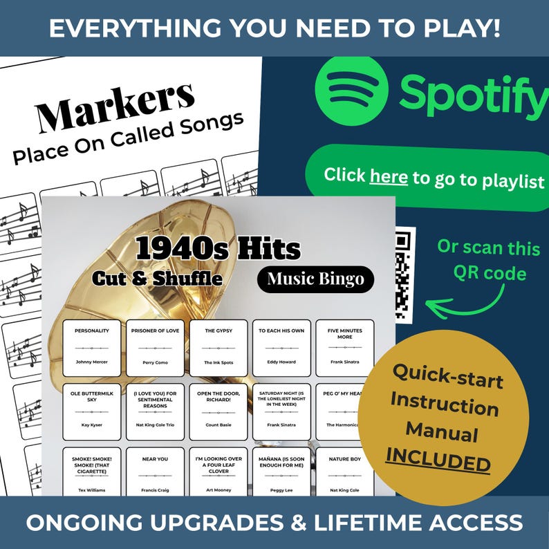 1940s Music Bingo Game | 100 Printable Cards | 75 Songs & Spotify Playlist | Digital Products Download imagen 2