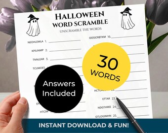 HALLOWEEN Word Scramble Game • 30 words • Group Trivia Quiz (included!) • Printable Puzzle (Digital Download)