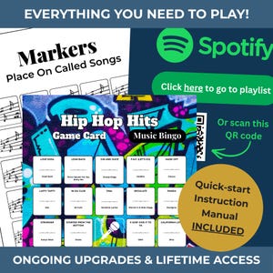 Pode incluir: Um cart&atilde;o de jogo de Bingo Musical Hip Hop Hits com t&iacute;tulos de m&uacute;sicas e nomes de artistas. Inclui um manual de instru&ccedil;&otilde;es de in&iacute;cio r&aacute;pido e um link para uma playlist do Spotify. O cart&atilde;o do jogo apresenta um design colorido em estilo grafite.