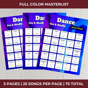 Puede incluir: Tres hojas de juego de bingo musical coloridas con un fondo degradado p&uacute;rpura y azul. Cada hoja tiene una cuadr&iacute;cula de t&iacute;tulos de canciones. El texto "Dance Cut & Shuffle" est&aacute; en la parte superior de cada hoja. El texto "Music Bingo" est&aacute; en una hoja. El texto "3 PAGES | 25 SONGS PER PAGE | 75 TOTAL" est&aacute; en la parte inferior.
