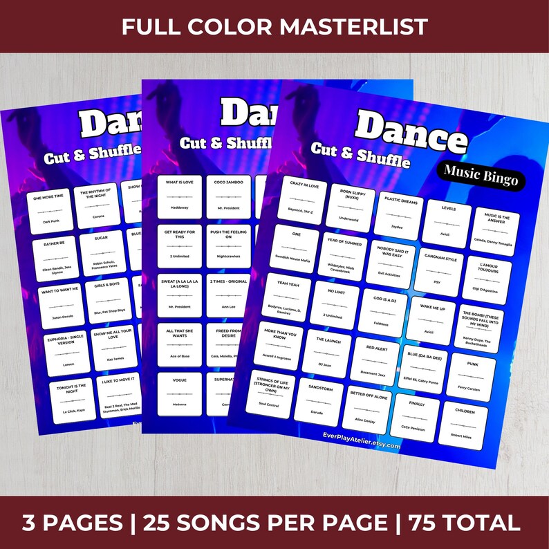 Puede incluir: Tres hojas de juego de bingo musical coloridas con un fondo degradado p&uacute;rpura y azul. Cada hoja tiene una cuadr&iacute;cula de t&iacute;tulos de canciones. El texto "Dance Cut & Shuffle" est&aacute; en la parte superior de cada hoja. El texto "Music Bingo" est&aacute; en una hoja. El texto "3 PAGES | 25 SONGS PER PAGE | 75 TOTAL" est&aacute; en la parte inferior.