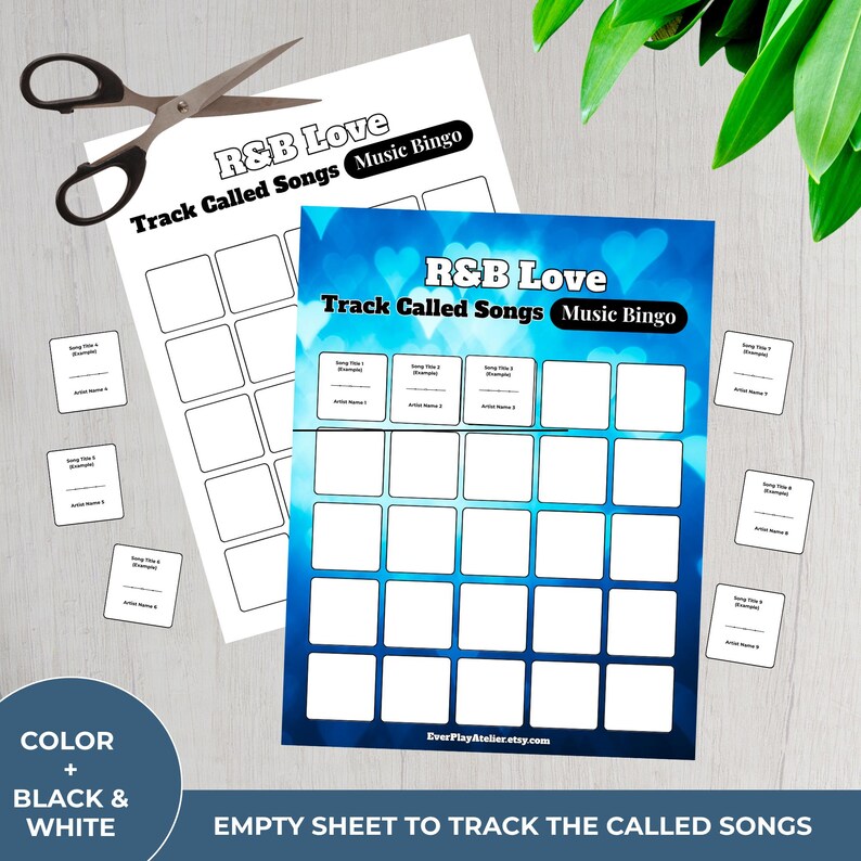 Puede incluir: Dos hojas de Bingo musical R&B Love, una blanca y otra azul, con el texto "Track Called Songs". La hoja azul tiene un fondo de acuarela. Peque&ntilde;as tarjetas est&aacute;n dispersas. Un par de tijeras est&aacute; en la parte superior.