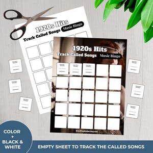 Może przedstawiać: Dwa arkusze 1920s Hits Music Bingo, jeden ze zdjęciem kobiety, a drugi pusty. Widoczny jest tekst "Track Called Songs" i "Music Bingo". Obecne są r&oacute;wnież małe białe karty i para nożyczek. Schemat kolor&oacute;w to czarny i biały.