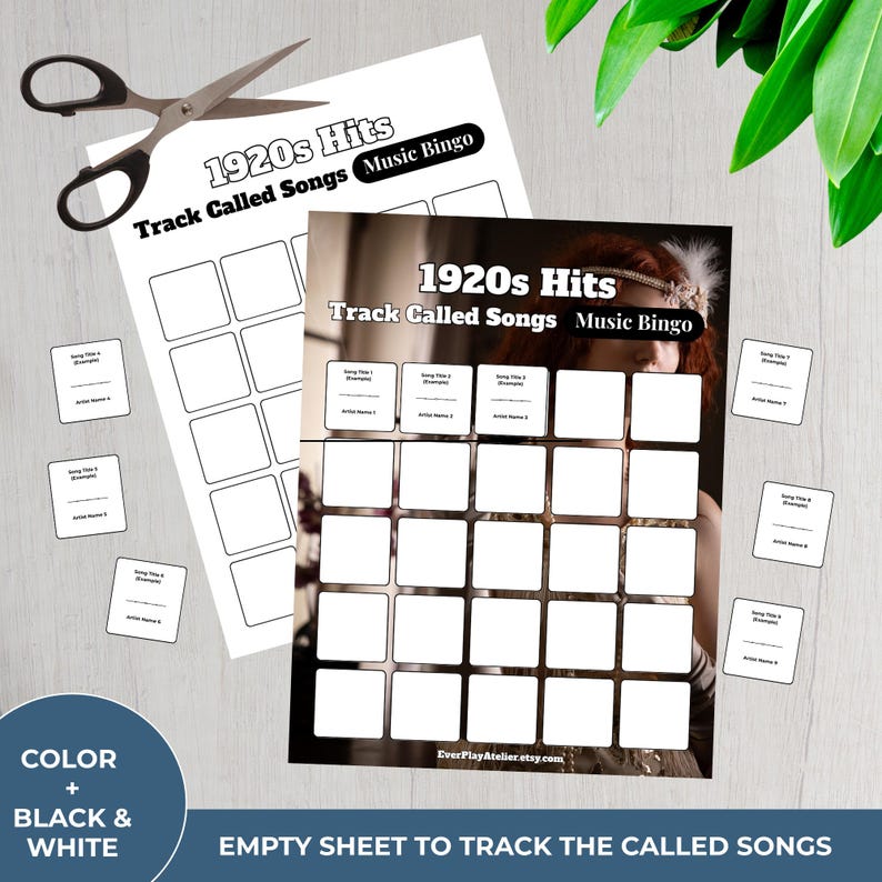 Może przedstawiać: Dwa arkusze 1920s Hits Music Bingo, jeden ze zdjęciem kobiety, a drugi pusty. Widoczny jest tekst "Track Called Songs" i "Music Bingo". Obecne są r&oacute;wnież małe białe karty i para nożyczek. Schemat kolor&oacute;w to czarny i biały.