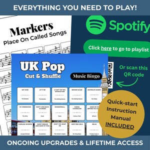 以下が含まれることがあります： 「UK Pop」の音楽ビンゴゲーム。ビンゴカード、曲マーカー、Spotifyプレイリストへのリンクが含まれています。クイックスタートマニュアル付き。音楽好きに最適です。