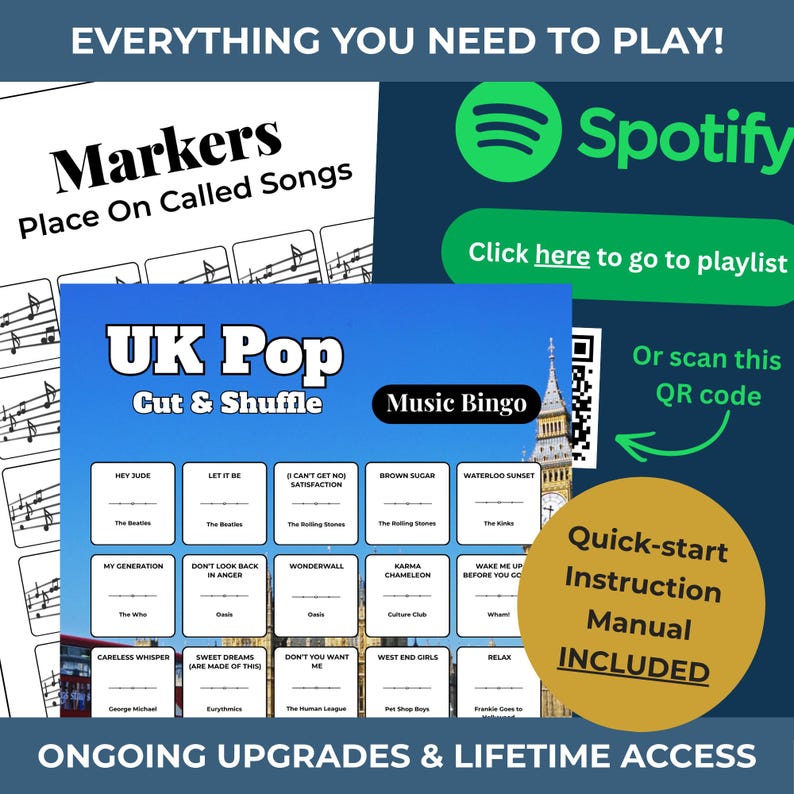 以下が含まれることがあります： 「UK Pop」の音楽ビンゴゲーム。ビンゴカード、曲マーカー、Spotifyプレイリストへのリンクが含まれています。クイックスタートマニュアル付き。音楽好きに最適です。