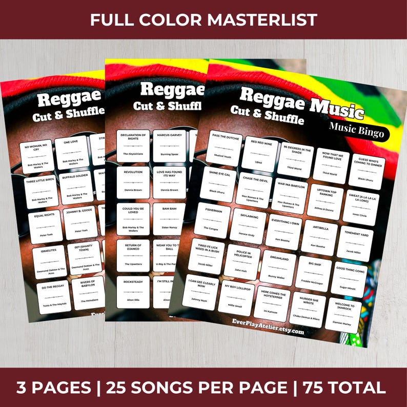 Puede incluir: Tres hojas de juego de bingo de m&uacute;sica Reggae con un dise&ntilde;o colorido. Cada hoja presenta una cuadr&iacute;cula de t&iacute;tulos de canciones y las palabras "Reggae Cut & Shuffle" y "Music Bingo". El texto "Full Color Masterlist" est&aacute; en la parte superior.