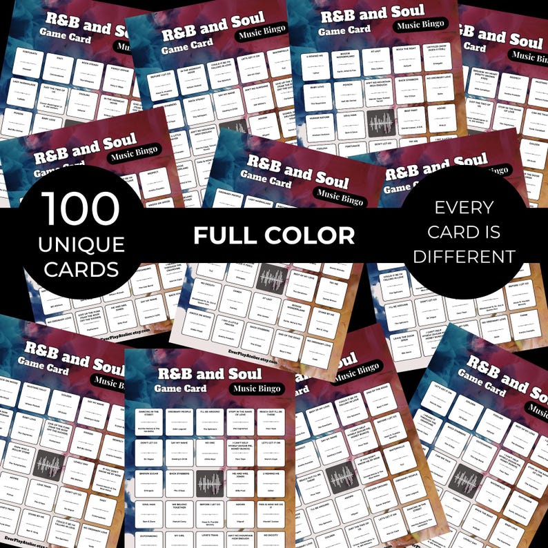 R&B + Soul • MUSIC BINGO Game • 100 Printable Cards • 75 Songs • Spotify Playlist (Digital Download) image 3