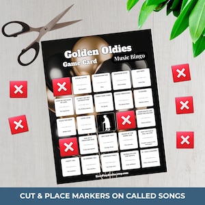 Op de afbeelding: Een zwart-witte Golden Oldies Music Bingo-spelkaart met songtitels, rode X-markeringen en een schaar. De spelkaart bevat songtitels als "Sugar Sugar" en "Jailhouse Rock". De tekst "Cut & Place Markers on Called Songs" staat onderaan.