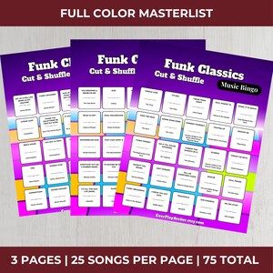 May include: Three sheets of music bingo cards with a purple and pink gradient background. Each card features a grid of song titles, with the words "Funk Classics" and "Cut & Shuffle" at the top. The text "EverPlayAtelier.etsy.com" is at the bottom.