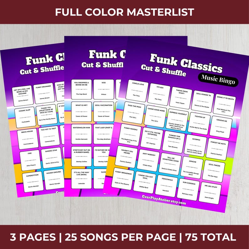 May include: Three sheets of music bingo cards with a purple and pink gradient background. Each card features a grid of song titles, with the words "Funk Classics" and "Cut & Shuffle" at the top. The text "EverPlayAtelier.etsy.com" is at the bottom.