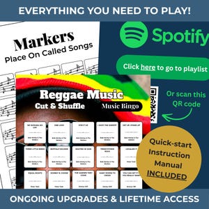 Puede incluir: Juego de bingo Reggae Music con t&iacute;tulos de canciones y nombres de artistas. Incluye un manual de instrucciones de inicio r&aacute;pido. Cuenta con un logotipo de Spotify y un c&oacute;digo QR para acceder a la lista de reproducci&oacute;n. El texto "Everything You Need to Play!" est&aacute; en la parte superior.