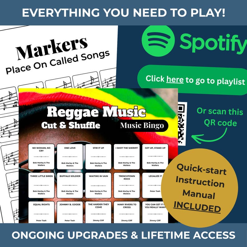 Puede incluir: Juego de bingo Reggae Music con t&iacute;tulos de canciones y nombres de artistas. Incluye un manual de instrucciones de inicio r&aacute;pido. Cuenta con un logotipo de Spotify y un c&oacute;digo QR para acceder a la lista de reproducci&oacute;n. El texto "Everything You Need to Play!" est&aacute; en la parte superior.