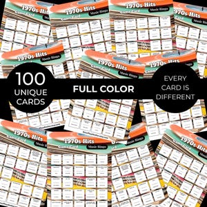 May include: A collection of 100 unique, full-color 1970s Hits Music Bingo game cards. Each card features a retro design with a record player graphic. The cards are designed for a fun and engaging game experience.