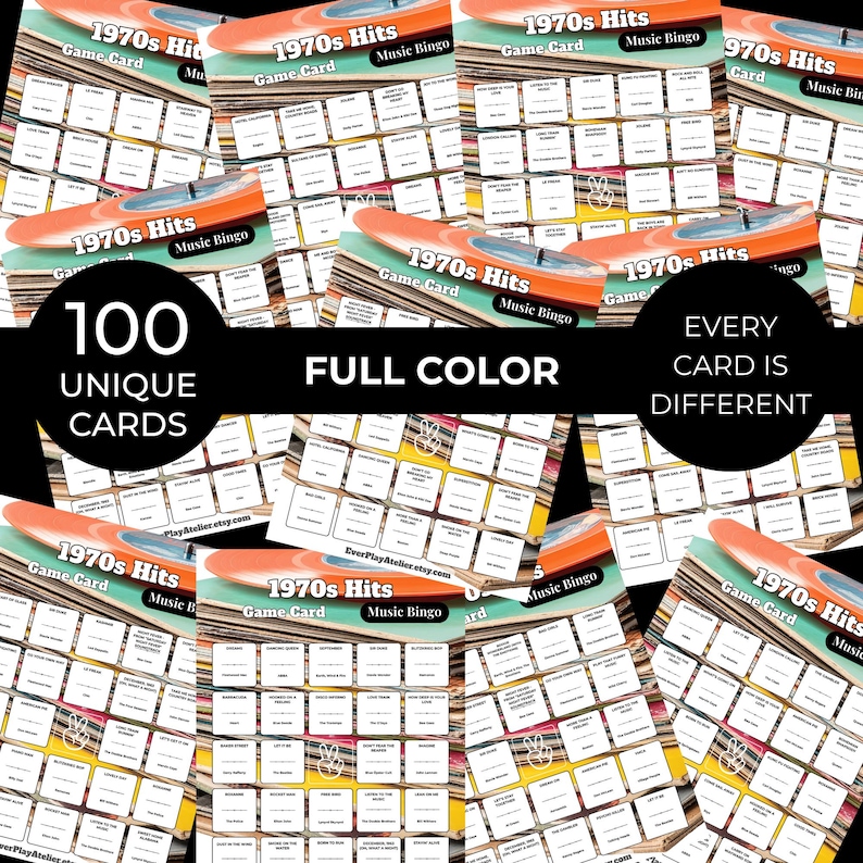 May include: A collection of 100 unique, full-color 1970s Hits Music Bingo game cards. Each card features a retro design with a record player graphic. The cards are designed for a fun and engaging game experience.