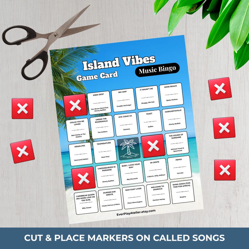 Puede incluir: Una tarjeta de juego de bingo musical "Island Vibes" con un fondo de escena de playa tropical. La tarjeta presenta t&iacute;tulos de canciones y espacios para marcadores, con marcadores "X" rojos y tijeras cerca. El texto "CUT & PLACE MARKERS ON CALLED SONGS" est&aacute; en la parte inferior.