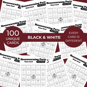 Pode incluir: Uma cole&ccedil;&atilde;o de cart&otilde;es de jogo "Housewarming Party Music Bingo" em preto e branco. A imagem inclui o texto "100 Cart&otilde;es &Uacute;nicos", "Preto e Branco" e "Cada Cart&atilde;o &eacute; Diferente".