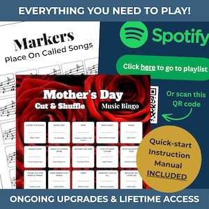 May include: A Mother's Day Music Bingo game with a red rose background. The game includes a quick-start instruction manual and features song titles like "Mama Said" and "Coat of Many Colors". The image also includes a Spotify link.