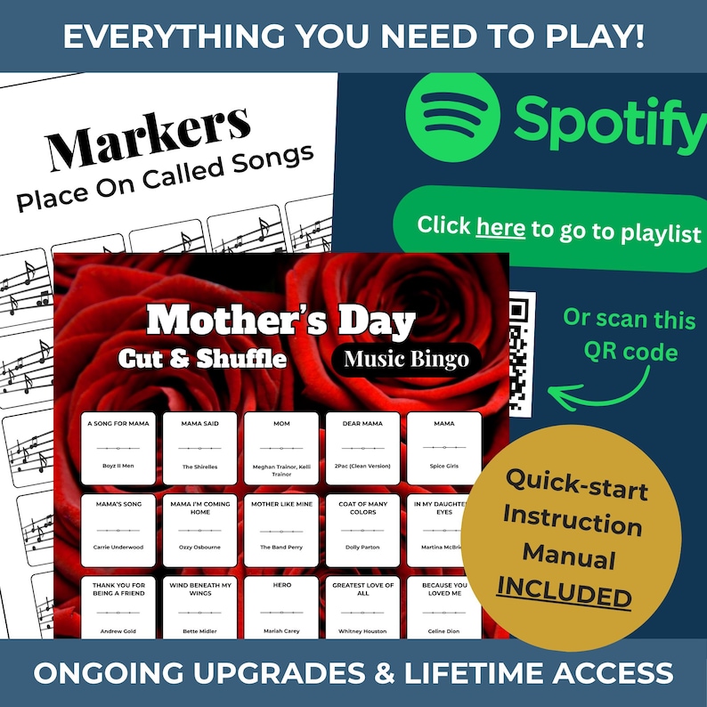 May include: A Mother's Day Music Bingo game with a red rose background. The game includes a quick-start instruction manual and features song titles like "Mama Said" and "Coat of Many Colors". The image also includes a Spotify link.