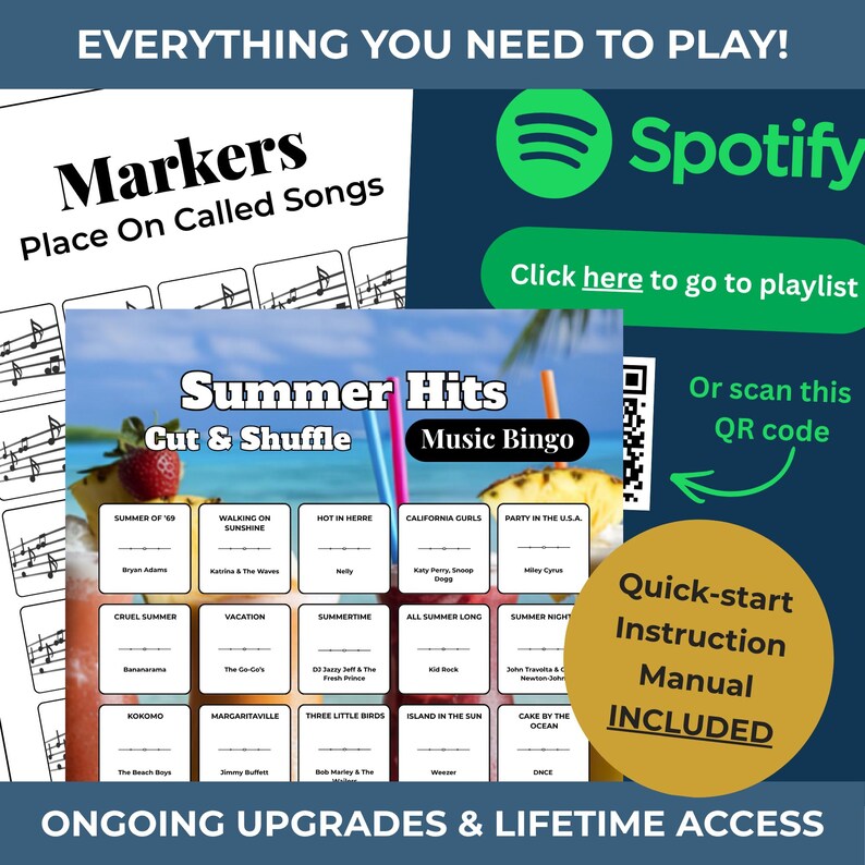 SUMMER Music Bingo Party Game • 100 Printable Cards • 75 Songs • Spotify Playlist (Printable Download) imagen 2