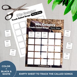 May include: Two sheets of 90s Country Music Bingo with the text "Track Called Songs Music Bingo". The bingo cards have blank squares and small cards for song titles and artist names. A pair of scissors is on the top left.