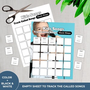 Puede incluir: Una hoja de juego de bingo musical con el texto "Kids Songs Track Called Songs Music Bingo". La hoja presenta una cuadr&iacute;cula de cuadrados, con tarjetas m&aacute;s peque&ntilde;as y tijeras. La imagen incluye el texto "Color + Black & White" y "Empty Sheet to Track the Called Songs".