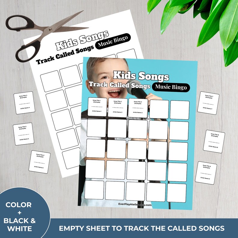 Puede incluir: Una hoja de juego de bingo musical con el texto "Kids Songs Track Called Songs Music Bingo". La hoja presenta una cuadr&iacute;cula de cuadrados, con tarjetas m&aacute;s peque&ntilde;as y tijeras. La imagen incluye el texto "Color + Black & White" y "Empty Sheet to Track the Called Songs".