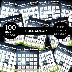 Sport Anthems MUSIC BINGO Party Game | 100 Printable Cards + 75 Songs & Spotify Playlist (Download) afbeelding 3