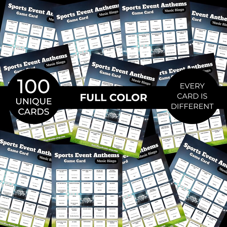 Sport Anthems MUSIC BINGO Party Game | 100 Printable Cards + 75 Songs & Spotify Playlist (Download) afbeelding 3