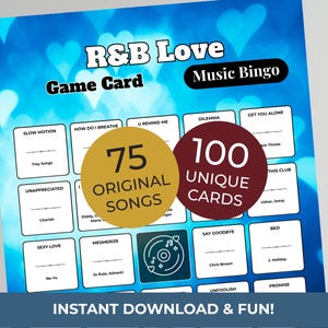 Puede incluir: Tarjeta de juego de bingo musical R&B Love con un fondo azul y formas de coraz&oacute;n blancas. La tarjeta presenta t&iacute;tulos de canciones y nombres de artistas, con el texto "75 canciones originales" y "100 cartas &uacute;nicas". La frase "&iexcl;Descarga instant&aacute;nea y diversi&oacute;n!" tambi&eacute;n es visible.