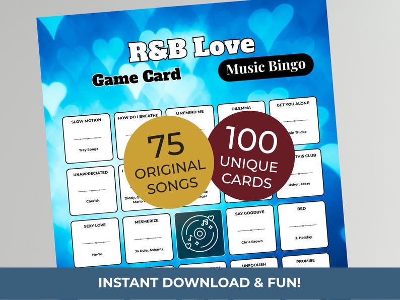 Puede incluir: Tarjeta de juego de bingo musical R&B Love con un fondo azul y formas de coraz&oacute;n blancas. La tarjeta presenta t&iacute;tulos de canciones y nombres de artistas, con el texto "75 canciones originales" y "100 cartas &uacute;nicas". La frase "&iexcl;Descarga instant&aacute;nea y diversi&oacute;n!" tambi&eacute;n es visible.