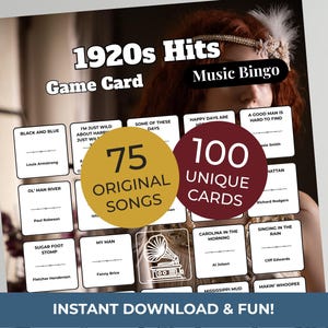 Może przedstawiać: Karta do gry w bingo muzyczne w stylu vintage z napisem "1920s Hits". Karta zawiera tytuły piosenek, złoty okrąg z napisem "75 oryginalnych piosenek" i bordowy okrąg z napisem "100 unikalnych kart". Na dole znajduje się tekst "Natychmiastowe pobieranie i zabawa!"