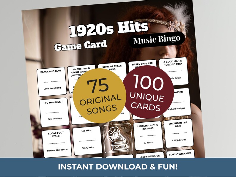 Może przedstawiać: Karta do gry w bingo muzyczne w stylu vintage z napisem "1920s Hits". Karta zawiera tytuły piosenek, złoty okrąg z napisem "75 oryginalnych piosenek" i bordowy okrąg z napisem "100 unikalnych kart". Na dole znajduje się tekst "Natychmiastowe pobieranie i zabawa!"