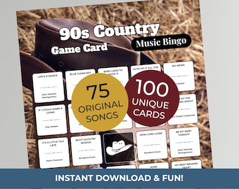 90s Country MUSIC BINGO Game • 100 Printable Cards • 75 Songs • Spotify Playlist (Digital Download)