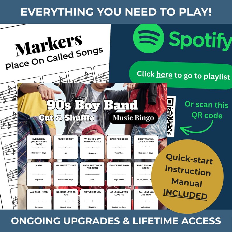 90s Boy Band MUSIC BINGO Game • 100 Cards • 75 Boyband Songs • Spotify Playlist (Download) bild 2