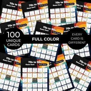 May include: A selection of '70s to 90s Music Bingo' game cards. Each card has a grid of song titles and a floppy disk icon. The image includes text that reads '100 Unique Cards', 'Full Colour', and 'Every Card is Different'.