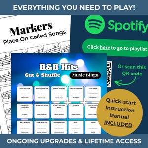 May include: A music game set featuring "R&B Hits Music Bingo" and "Markers Place On Called Songs." Includes a Spotify logo and a QR code for playlist access. A quick-start instruction manual is included.