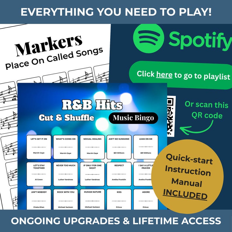 May include: A music game set featuring "R&B Hits Music Bingo" and "Markers Place On Called Songs." Includes a Spotify logo and a QR code for playlist access. A quick-start instruction manual is included.