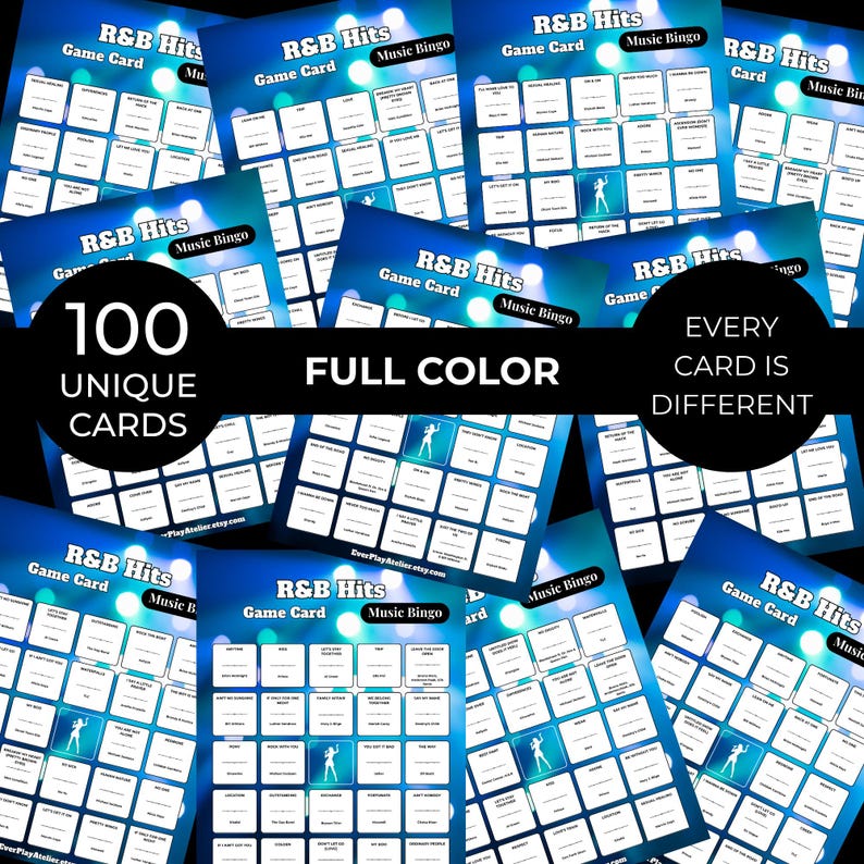 May include: A selection of R&B Hits Music Bingo game cards. Each card is full colour and features a blue and white design with the text "R&B Hits Game Card Music Bingo". The image also states "100 Unique Cards" and "Every Card is Different".