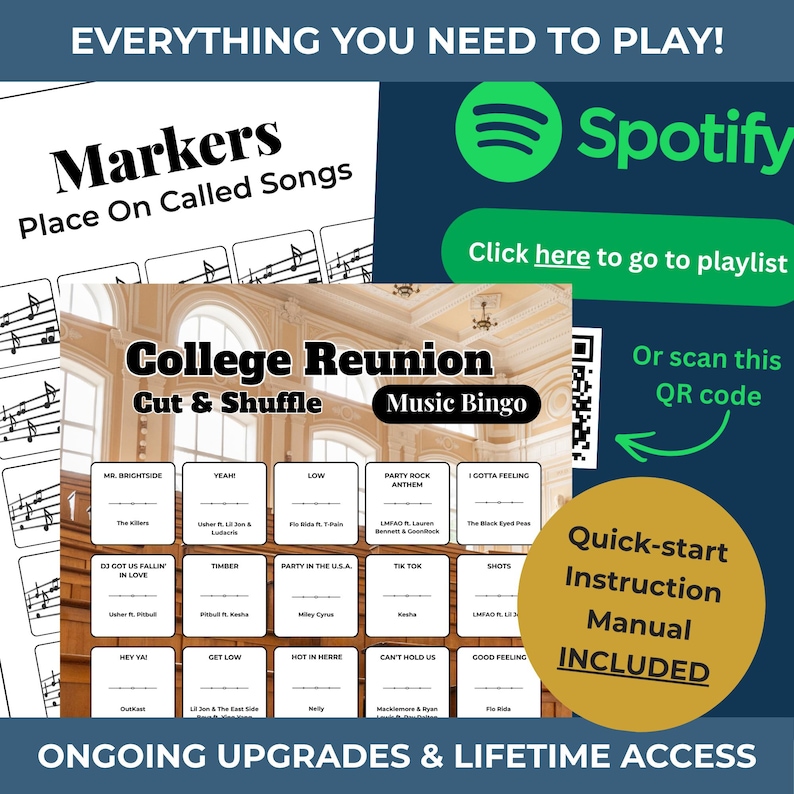 Pode incluir: Imagem promocional para um jogo de bingo musical. A imagem apresenta o texto "College Reunion Music Bingo" com t&iacute;tulos de m&uacute;sicas e nomes de artistas. Inclui um logotipo do Spotify e um c&oacute;digo QR para uma lista de reprodu&ccedil;&atilde;o. O texto "Quick-start Instruction Manual INCLUDED" tamb&eacute;m est&aacute; presente.