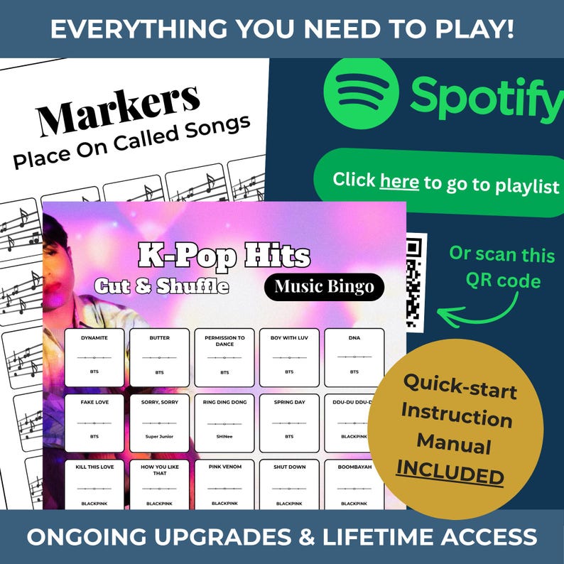 Kpop MUSIC BINGO Party Game | 100 Printable Cards + 75 Songs & Spotify Playlist (Downloadable Product) immagine 2