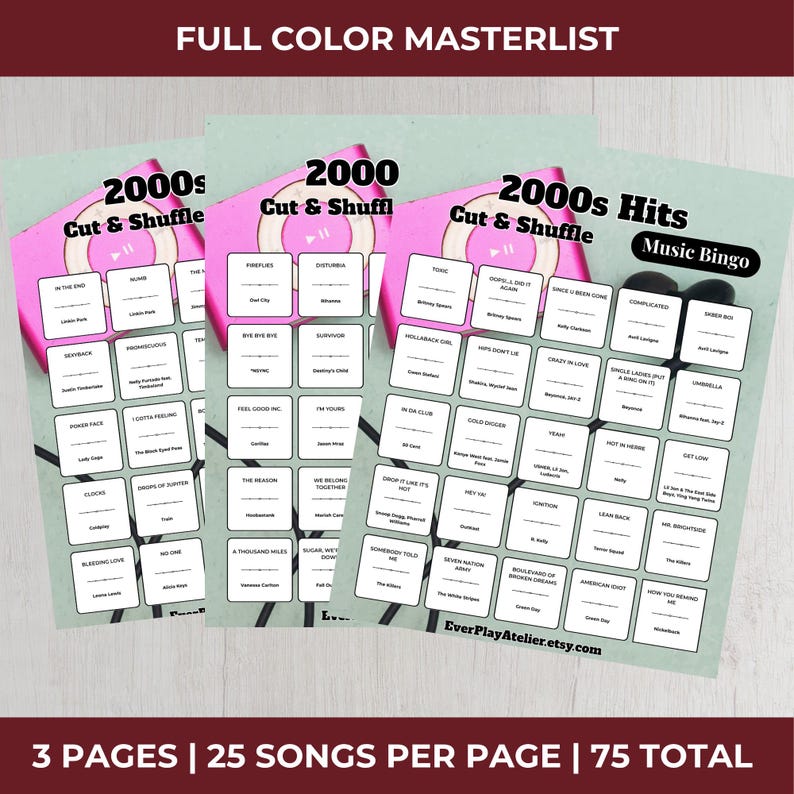 May include: Three sheets of 2000s music bingo cards with a pink iPod graphic. Each card has 25 song titles. The text "2000s Hits Music Bingo" is at the top. The bottom text reads "3 PAGES | 25 SONGS PER PAGE | 75 TOTAL".