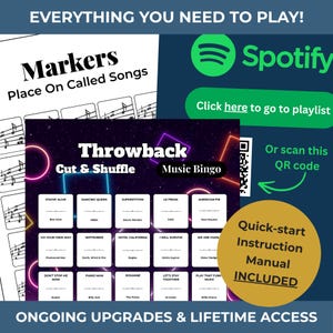 May include: A music bingo game with a "Throwback" theme, featuring song titles like "Stayin' Alive" and "Dancing Queen." Includes a quick-start instruction manual and Spotify playlist access. The game is designed for fun and ongoing upgrades.