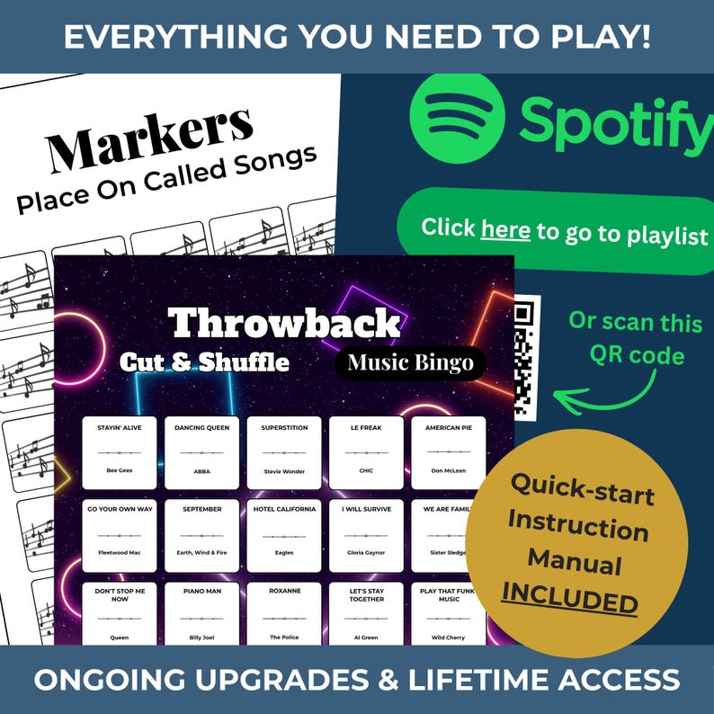 May include: A music bingo game with a "Throwback" theme, featuring song titles like "Stayin' Alive" and "Dancing Queen." Includes a quick-start instruction manual and Spotify playlist access. The game is designed for fun and ongoing upgrades.