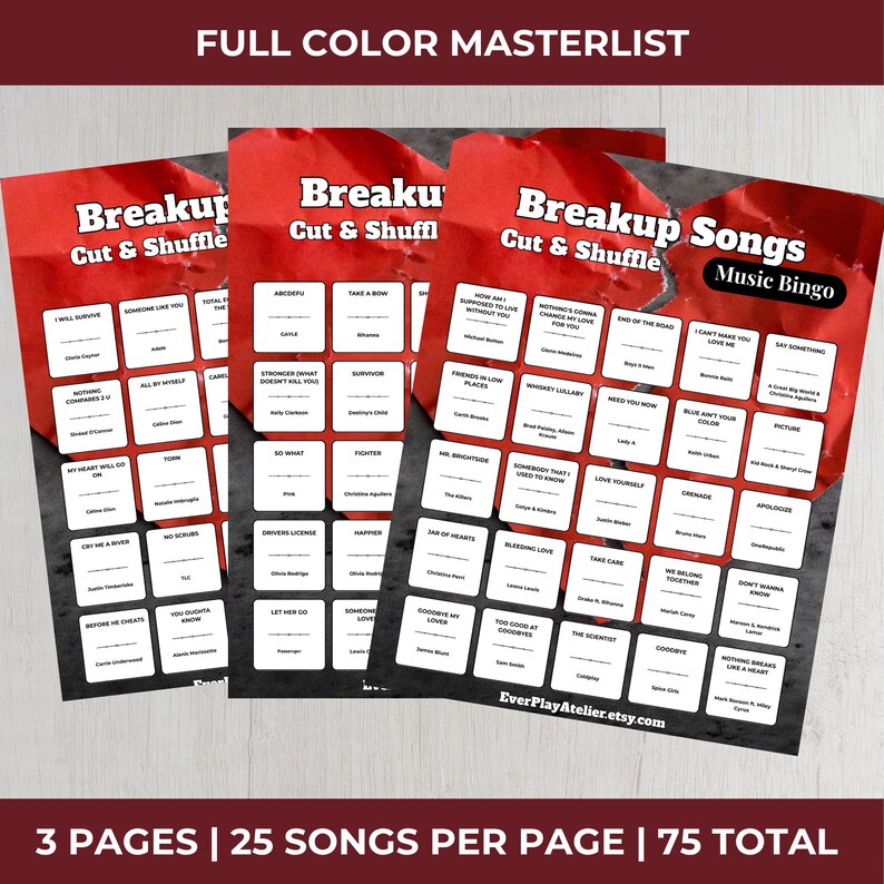 May include: Three red and white "Breakup Songs Music Bingo" sheets with song titles. The top text reads "FULL COLOR MASTERLIST". The bottom text reads "3 PAGES | 25 SONGS PER PAGE | 75 TOTAL".
