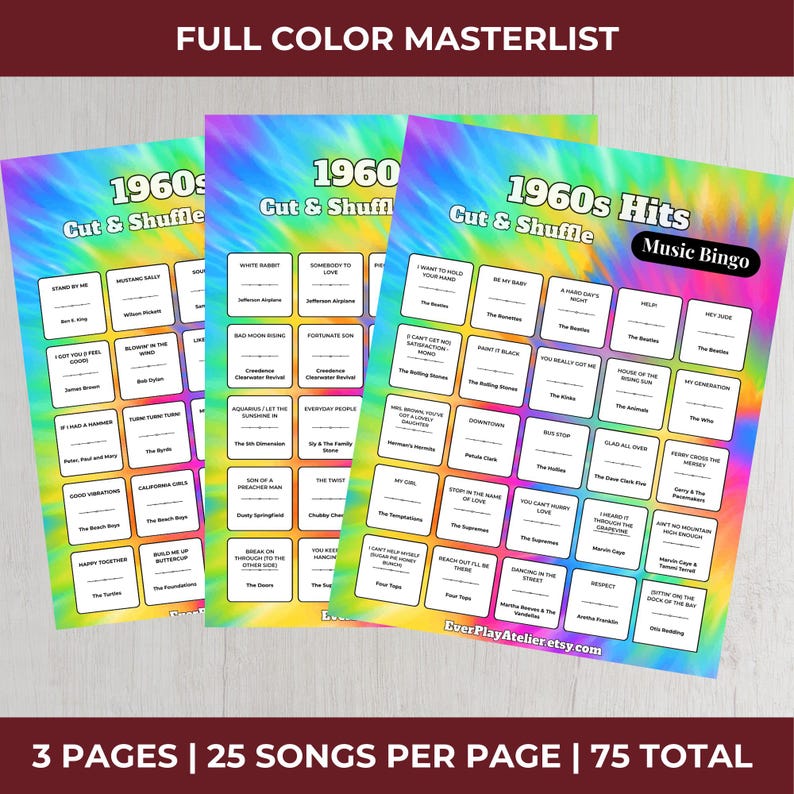 May include: Three colorful 1960s music bingo game sheets. Each sheet features a tie-dye background with song titles in boxes. The text "1960s Cut & Shuffle" is at the top of two sheets, and "1960s Hits Music Bingo" on the third.