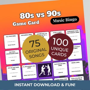 Puede incluir: Una colorida tarjeta de juego titulada "80s vs 90s Music Bingo". La tarjeta presenta t&iacute;tulos de canciones y nombres de artistas de los a&ntilde;os 1980 y 1990. Incluye 75 canciones originales y 100 cartas &uacute;nicas. El texto "Instant Download & Fun!" est&aacute; en la parte inferior.