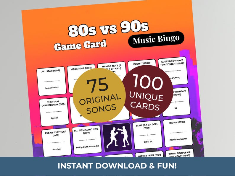 Puede incluir: Una colorida tarjeta de juego titulada "80s vs 90s Music Bingo". La tarjeta presenta t&iacute;tulos de canciones y nombres de artistas de los a&ntilde;os 1980 y 1990. Incluye 75 canciones originales y 100 cartas &uacute;nicas. El texto "Instant Download & Fun!" est&aacute; en la parte inferior.
