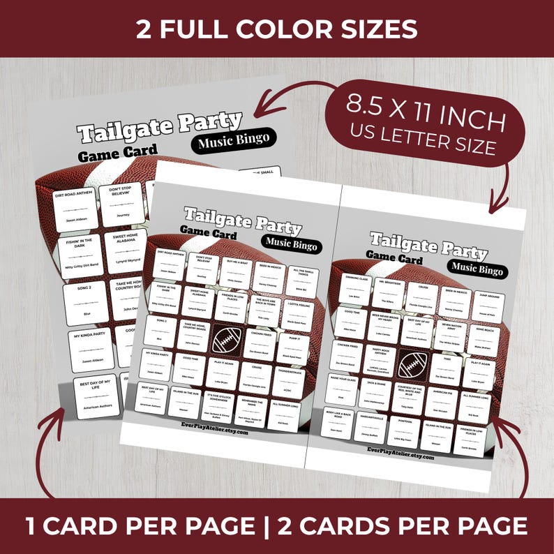 May include: Tailgate Party Music Bingo game cards with a football design. The cards are 8.5 x 11 inches in size and come in two full-color sizes. The text on the cards includes "Tailgate Party," "Game Card," and "Music Bingo."